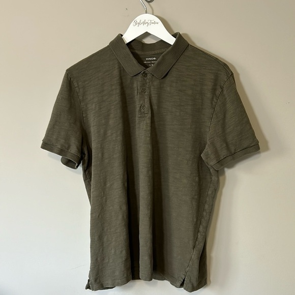 VINCE Mens Cotton Pique Polo Shirt Olive Green Short Sleeve Top Sz L - Picture 1 of 10